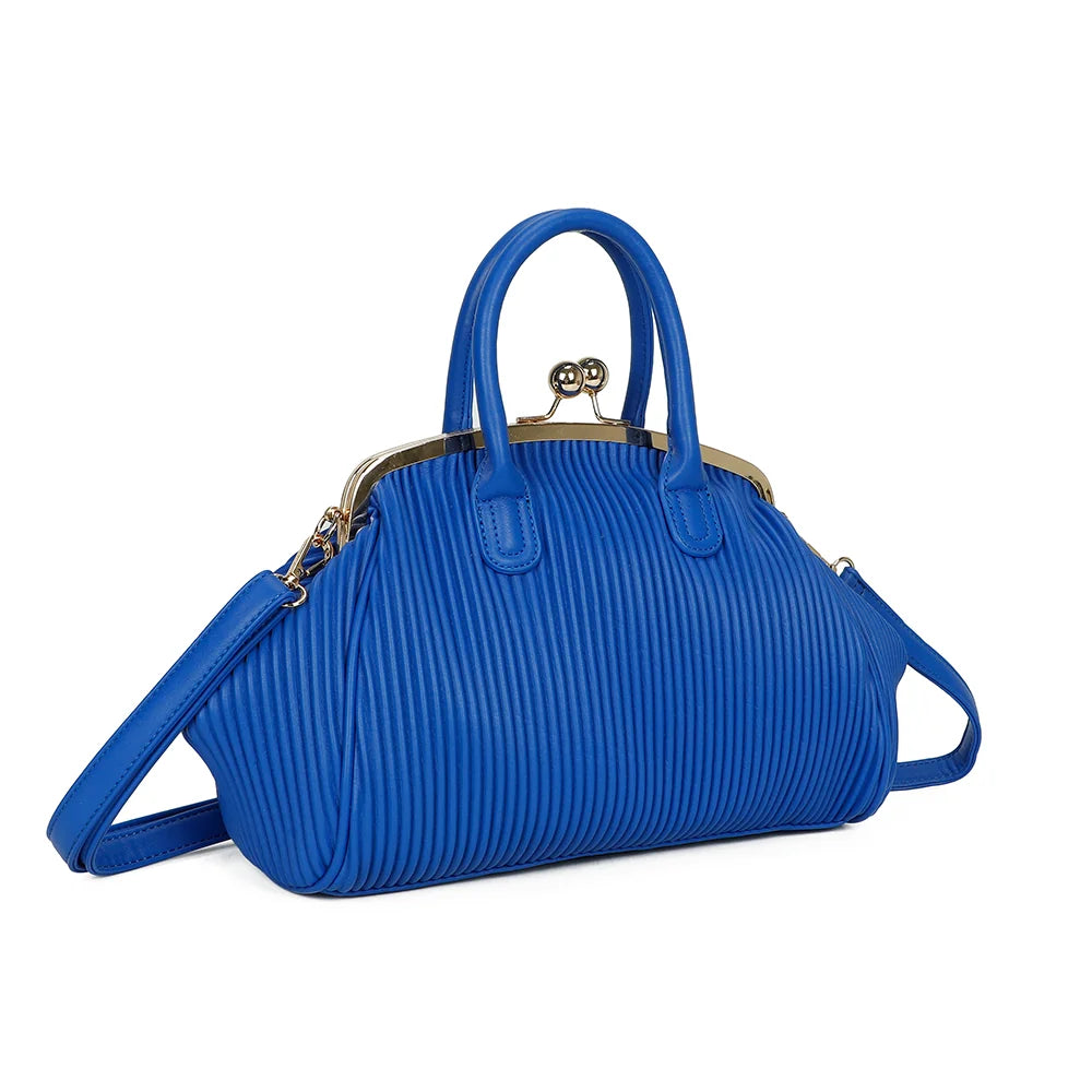 Gabrielle Retro bleu de trois quarts : silhouette arrondie, côtés plissés et cadre métallique doré – réf. R-1691-1