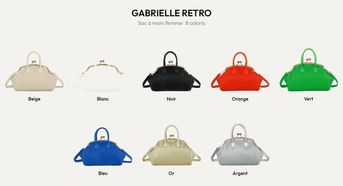 Sac à main femme Gabrielle Retro en 8 coloris : beige, blanc, noir, orange, vert, bleu, or et argent – Gallantry Paris – réf. R-1691-1