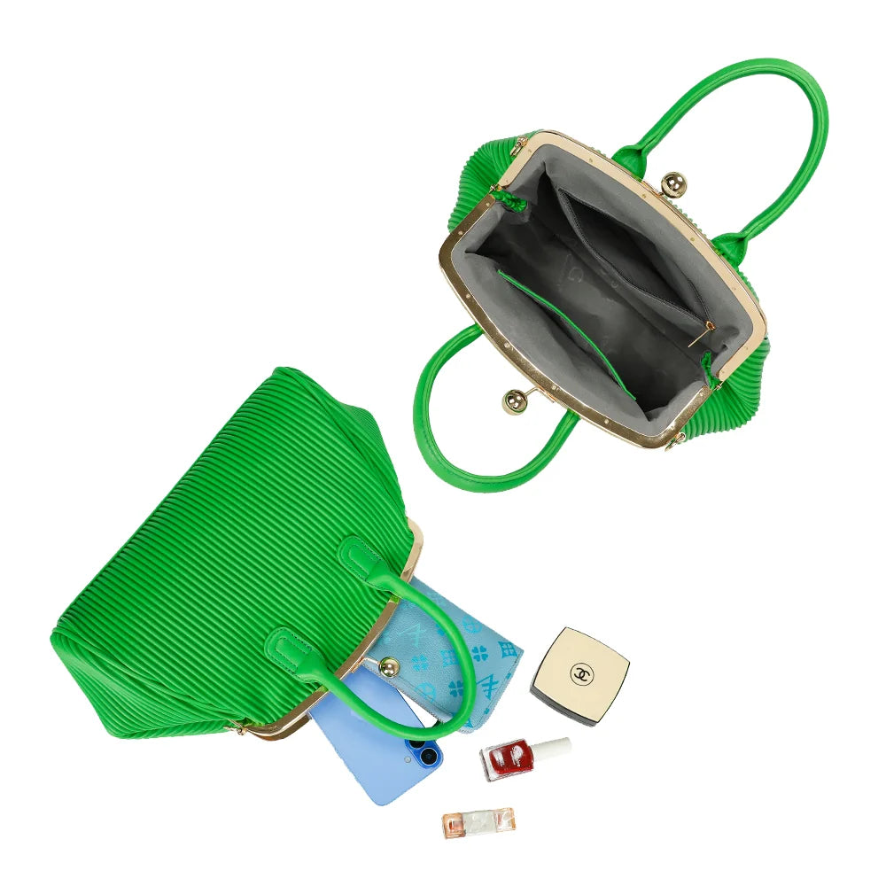 Intérieur du Gabrielle Retro vert : doublure synthétique, poche zippée et poche plate pour les essentiels – réf. R-1691-1