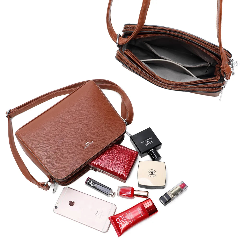 Intérieur du Gallante marron foncé : plusieurs compartiments zippés pour ranger téléphone, carnet et maquillage – réf. G-7432-2