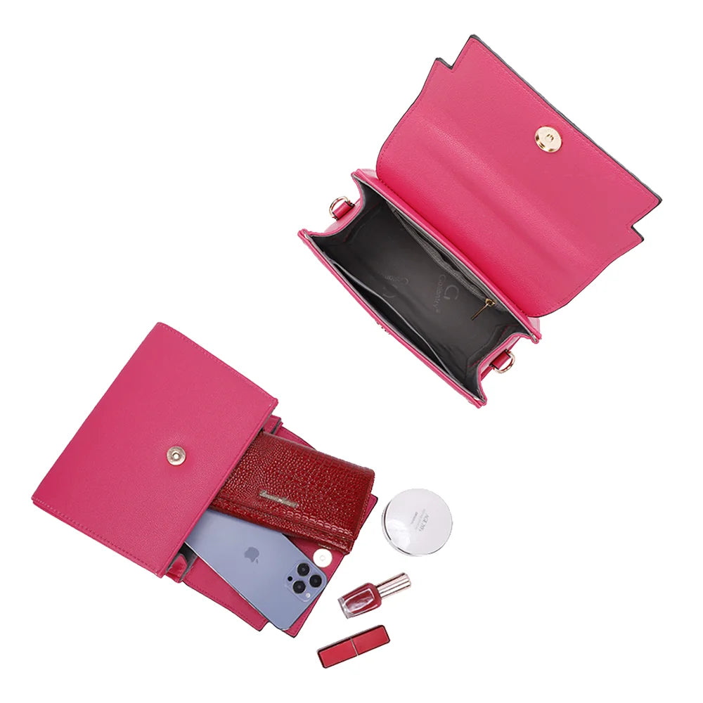 Intérieur du Giuliana fuschia : rabat à fermoir aimanté, place pour téléphone, portefeuille et maquillage – réf. M-9382-1