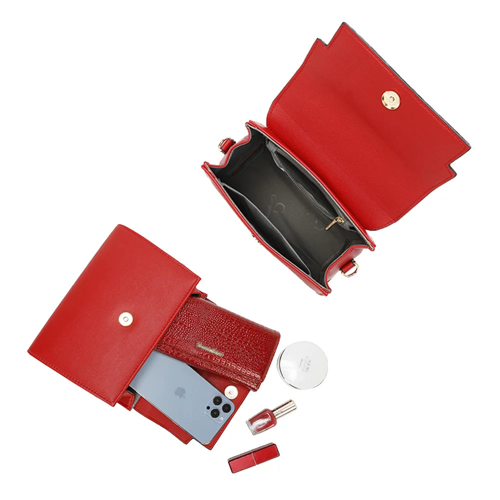 Intérieur du Giuliana rouge : rabat à fermoir aimanté, place pour téléphone, portefeuille et maquillage – réf. M-9382-1