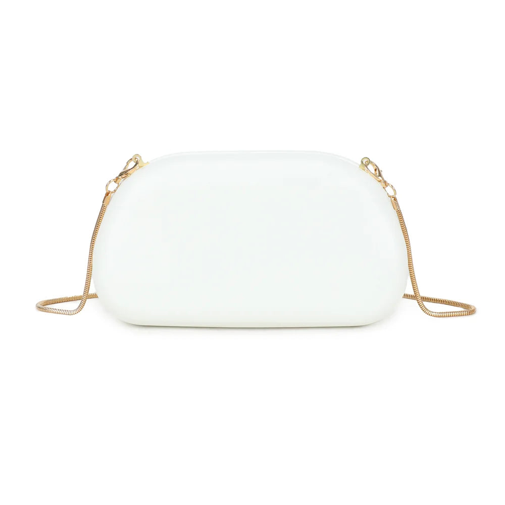 Vue de dos de la pochette Glam Ring blanc, lignes arrondies et format compact tenant dans la main – réf. WL-92009-2