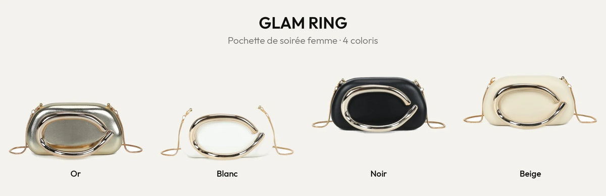 Pochette de soirée Glam Ring en 4 coloris : or, blanc, noir et beige – Gallantry Paris – réf. WL-92009-2