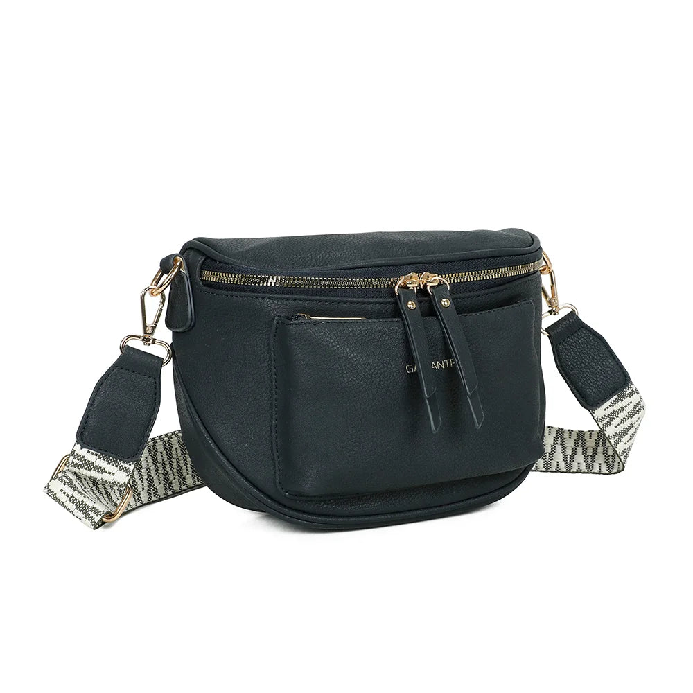 Glamour bleu foncé de trois quarts : silhouette demi-lune et double curseur doré du zip principal – réf. Z-83047