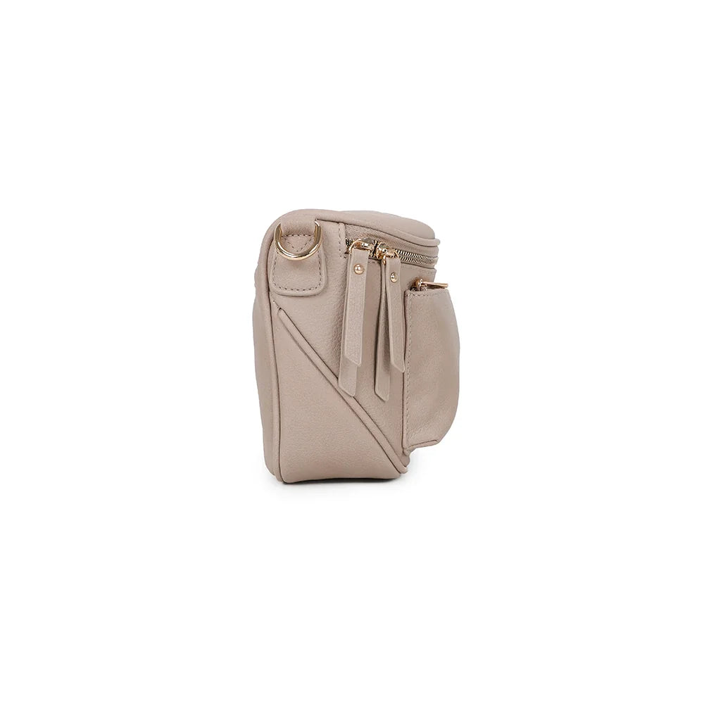 Profil du Glamour taupe : format compact de 9 cm de profondeur, anneau doré pour la sangle – réf. Z-83047