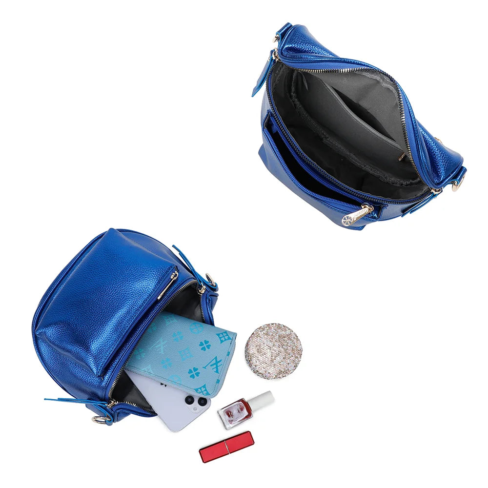 Intérieur du Glamour Shiny bleu electrique : compartiment zippé qui accueille portefeuille, smartphone et maquillage – réf. Z-83047-1