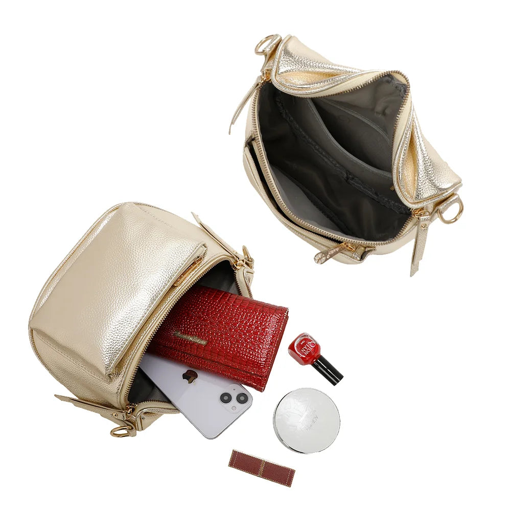 Intérieur du Glamour Shiny doré : compartiment zippé qui accueille portefeuille, smartphone et maquillage – réf. Z-83047-1