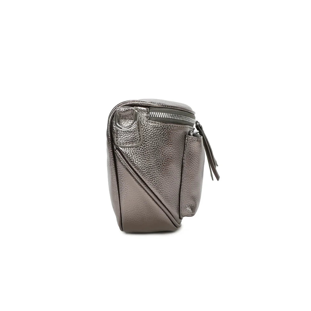 Profil du Glamour Shiny taupe : silhouette arrondie de 9 cm de profondeur et attache de sangle à mousqueton – réf. Z-83047-1