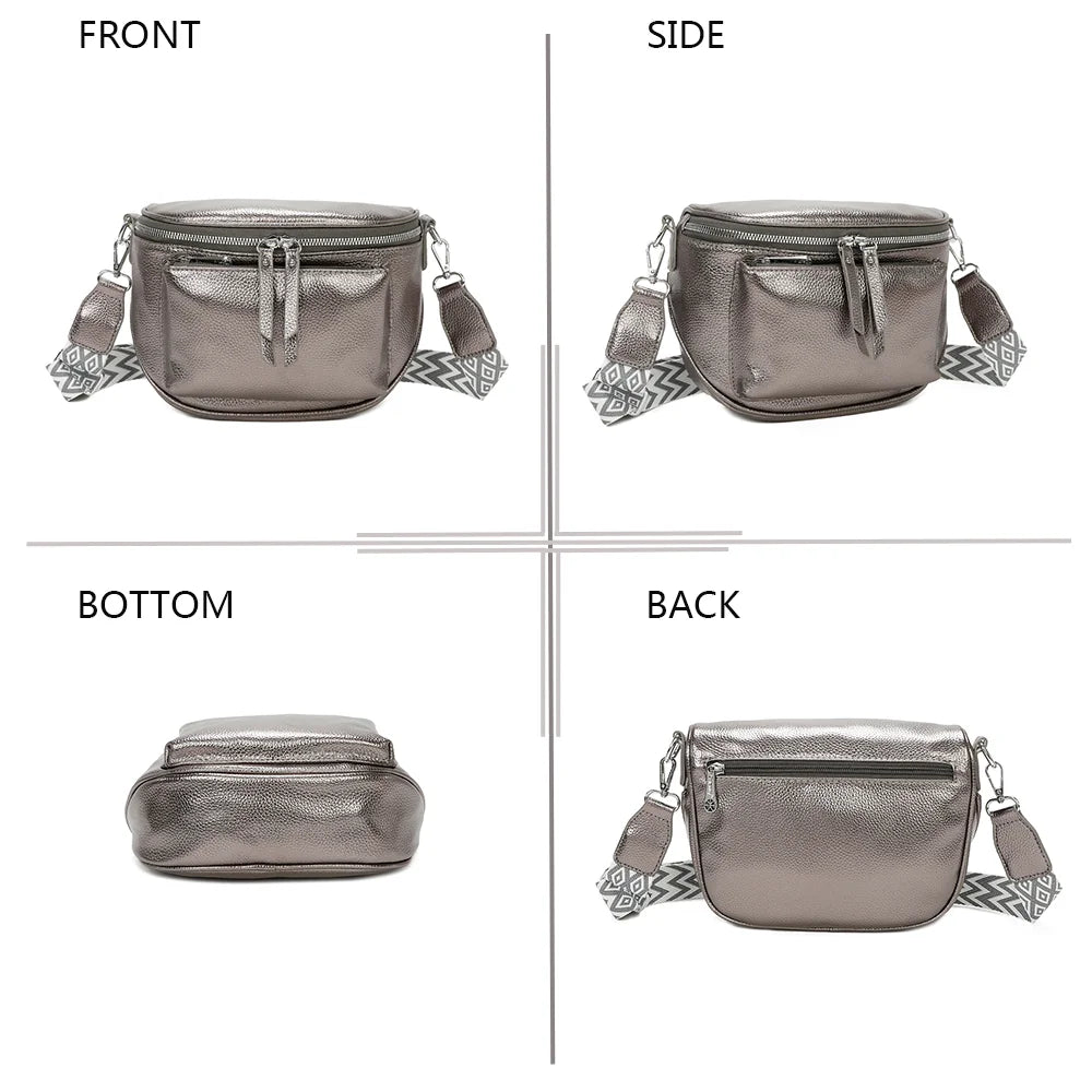 Glamour Shiny taupe sous quatre angles : face, côté, dessous et dos de ce sac demi-lune brillant – réf. Z-83047-1