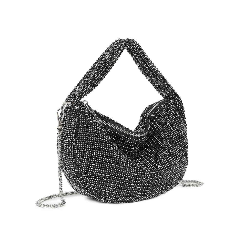 Glittera noir de trois quarts : silhouette souple en demi-lune entièrement couverte de strass – réf. GL-37003