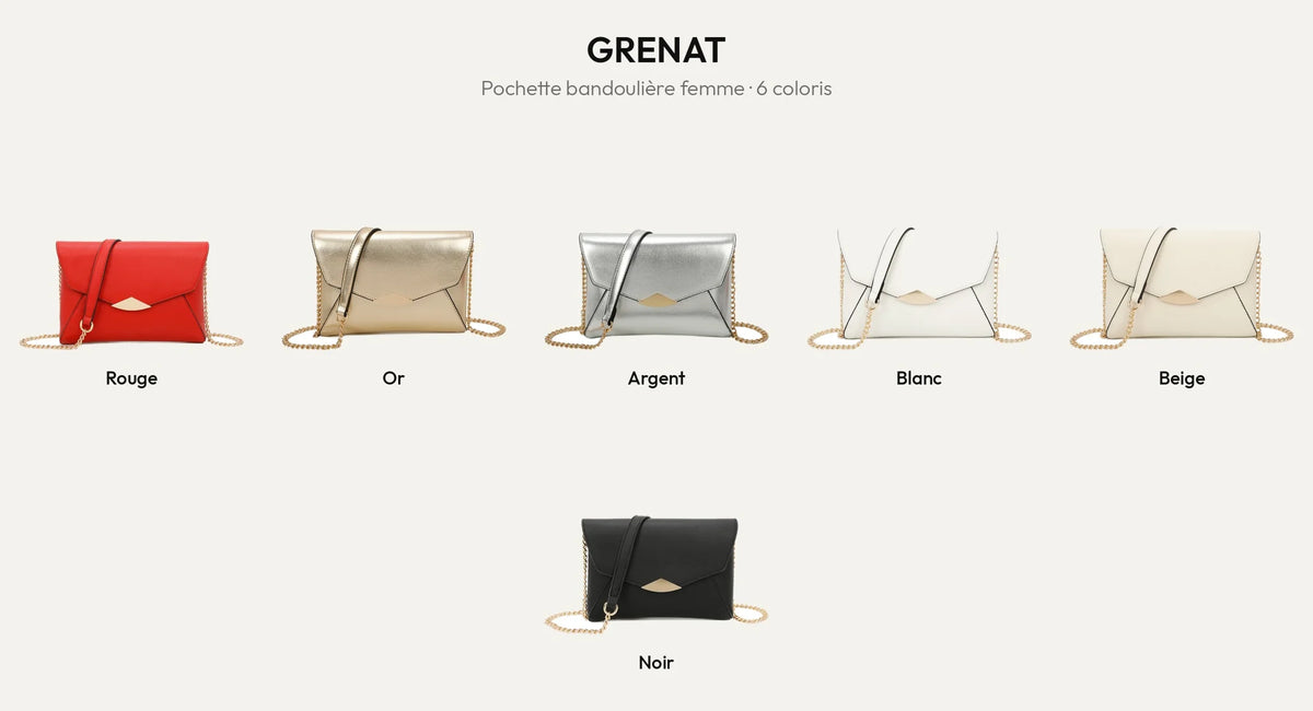 Pochette bandoulière femme Grenat en six coloris : Rouge, Or, Argent, Blanc, Beige et Noir – Gallantry Paris – réf. R-1697