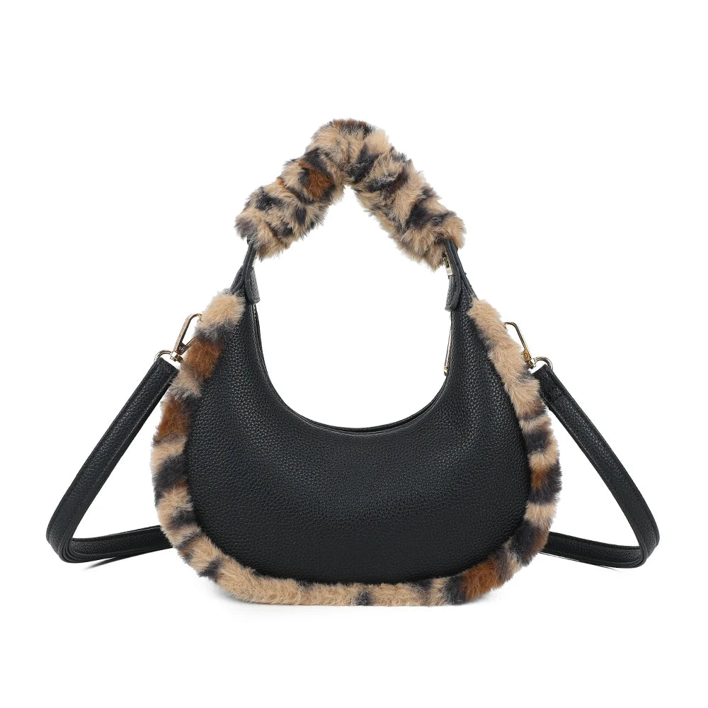 Dos du Hanae Féline noir en simili cuir grainé, encadré de sa bordure en fausse fourrure léopard – réf. A-9108