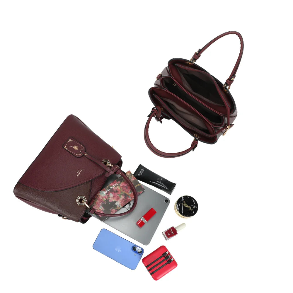 Intérieur de l’Harmonie Trio bordeaux : trois compartiments pour ranger téléphone, maquillage et tablette – réf. M-9431