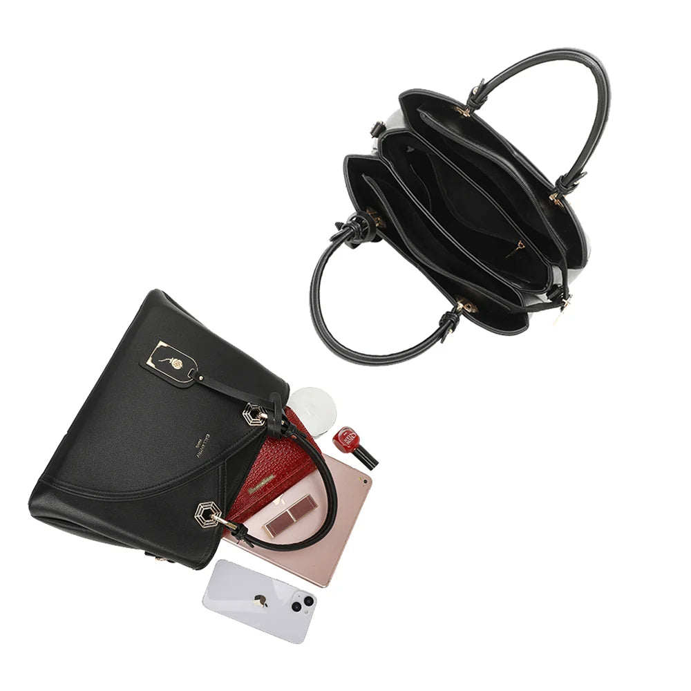 Intérieur de l’Harmonie Trio noir : trois compartiments pour ranger téléphone, maquillage et tablette – réf. M-9431