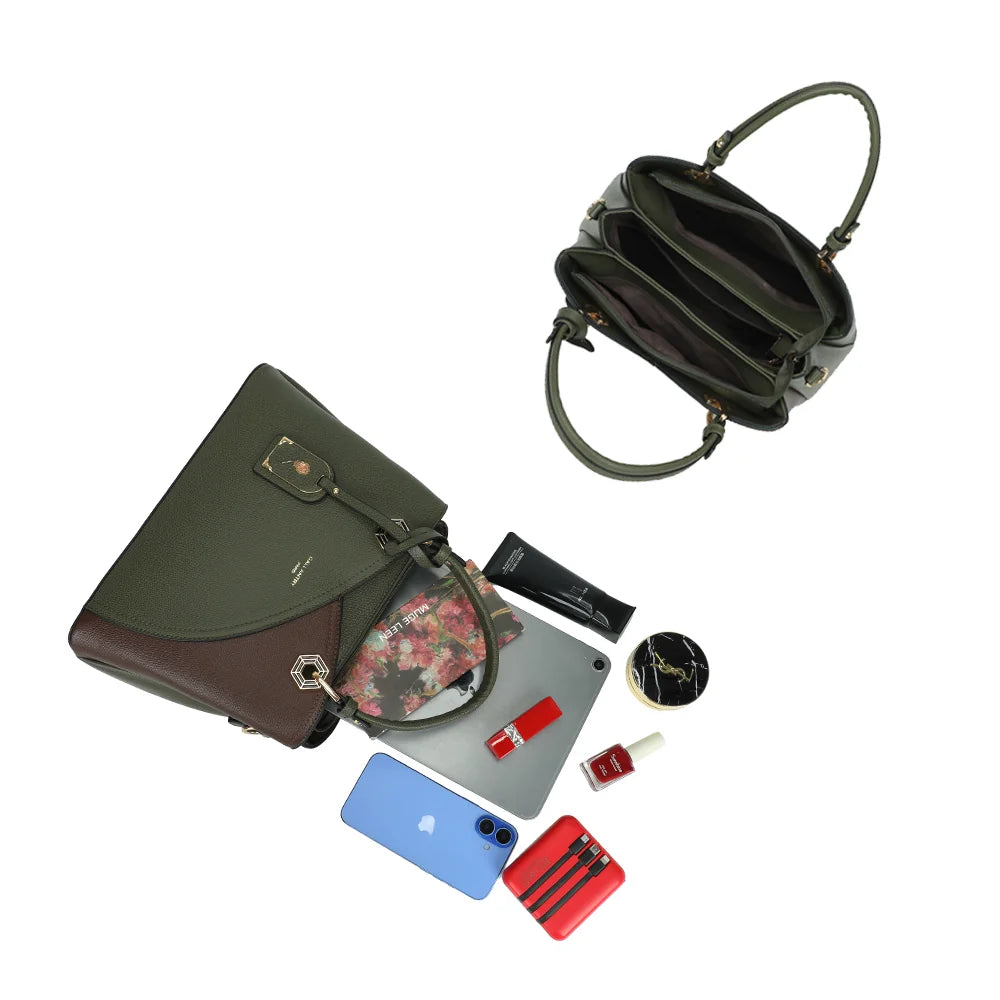 Intérieur de l’Harmonie Trio vert foncé : trois compartiments pour ranger téléphone, maquillage et tablette – réf. M-9431