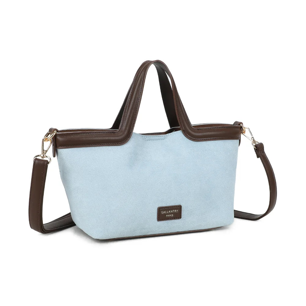 Horizon Chic bleu clair de trois quarts : silhouette structurée et bordures marron chocolat – réf. R-2038-1