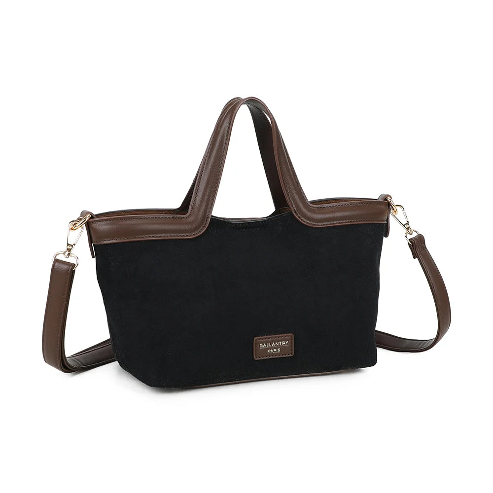 Horizon Chic noir de trois quarts : silhouette structurée et bordures marron chocolat – réf. R-2038-1