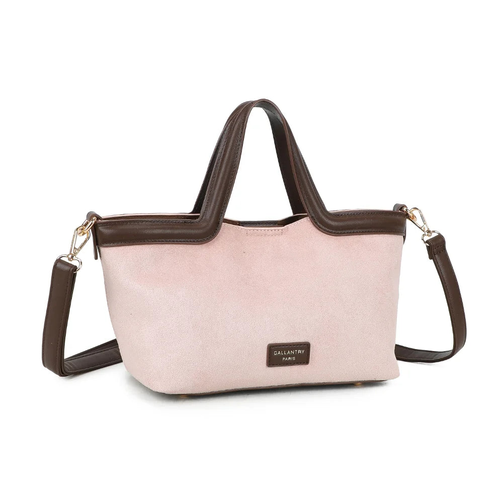 Horizon Chic rose de trois quarts : silhouette structurée et bordures marron chocolat – réf. R-2038-1
