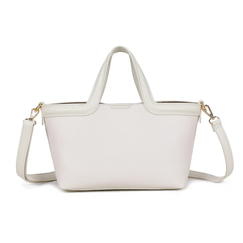 Dos du sac Horizon Duo beige, simili cuir grainé et anses bicolores assorties à la bordure – réf. R-2038