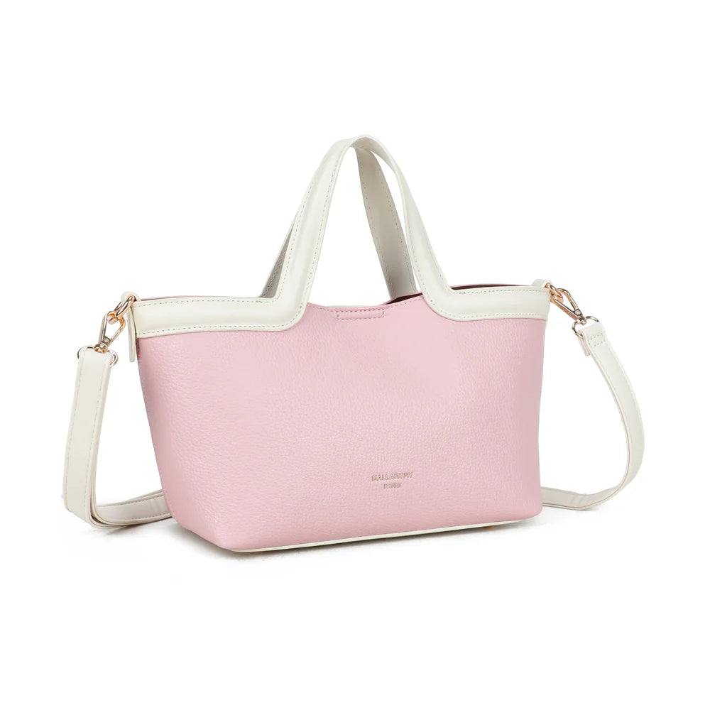 Horizon Duo rose/beige vu de trois quarts : silhouette trapèze et bordure contrastante en haut du sac – réf. R-2038