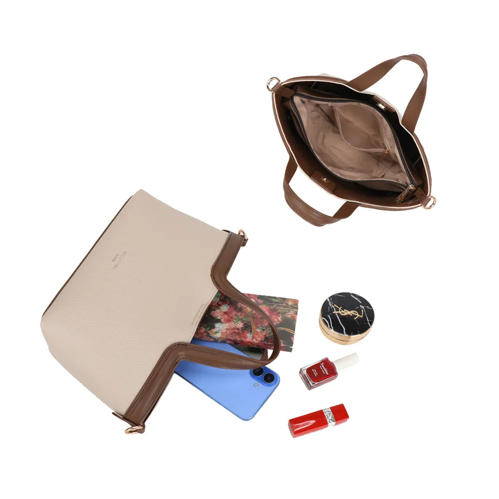 Intérieur du Horizon Duo taupe/coffee : compartiment zippé et place pour téléphone et maquillage – réf. R-2038