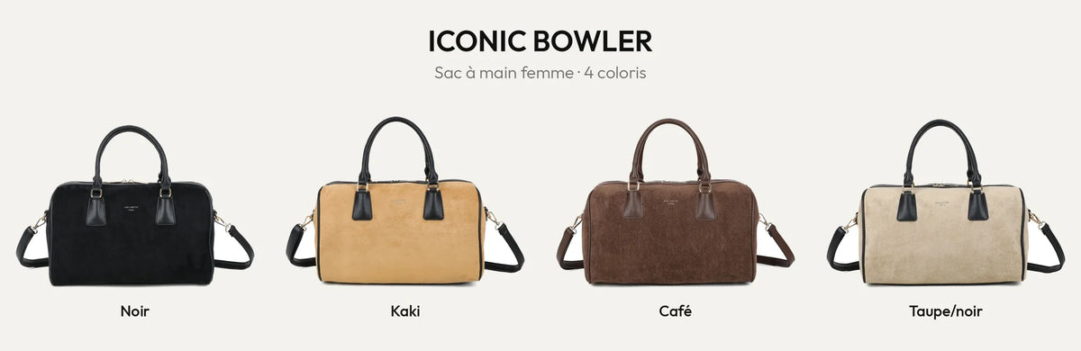Sac à main bowling Iconic Bowler en coloris Noir, Khaki, Coffee et Taupe/Noir – Gallantry Paris – réf. R-2039