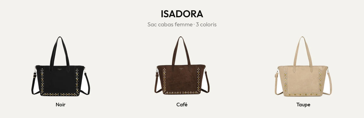 Sac cabas femme Isadora en suédine cloutée, coloris Noir, Coffee et Taupe – Gallantry Paris – réf. JC-53003