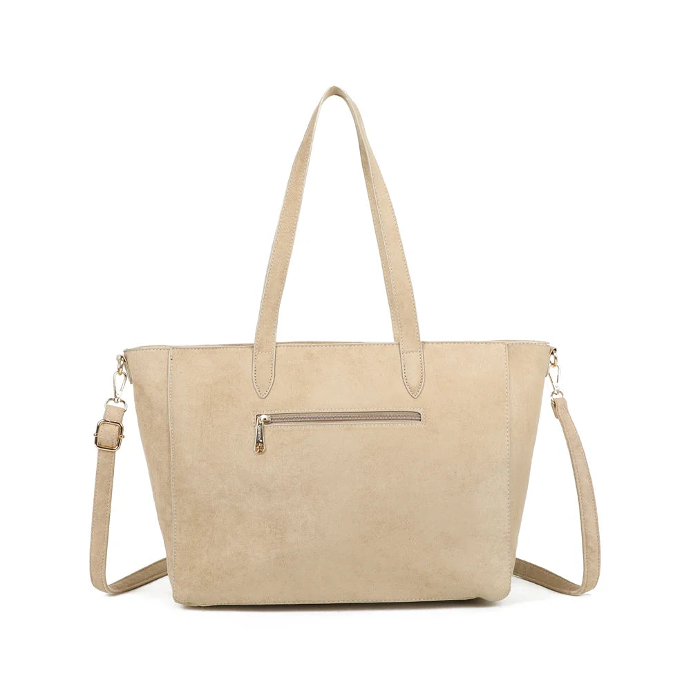 Dos du cabas Isadora taupe en suédine effet velours, avec ses deux anses épaule – réf. JC-53003