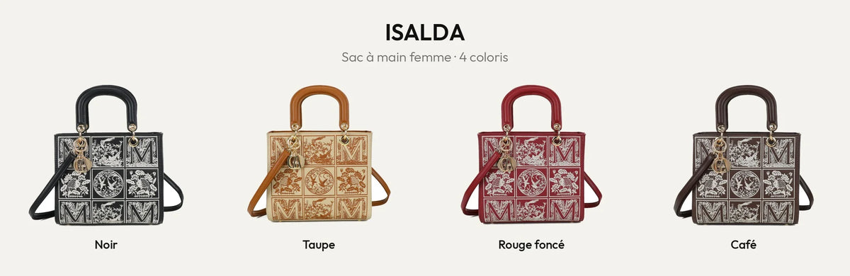 Sac à main femme Isalda brodé en quatre coloris : Noir, Taupe, Rouge Foncé et Coffee – Gallantry Paris – réf. DQ-9443-8