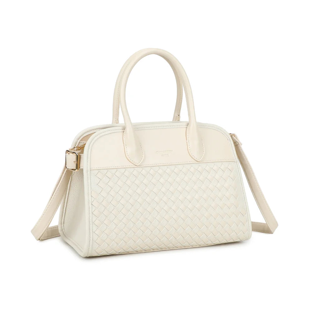 Juliette beige vue de trois quarts : silhouette structurée, anses arrondies et boucle dorée sur le côté – réf. DG-5818
