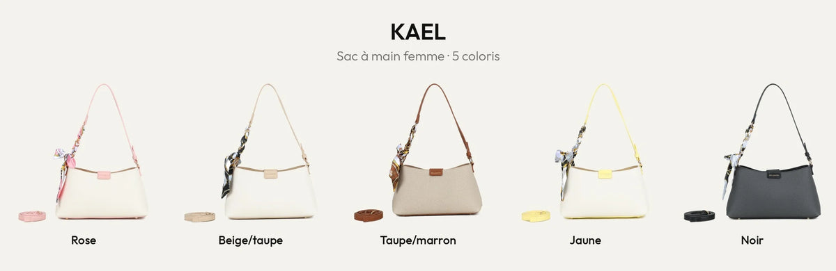 Le sac à main Kael en cinq coloris : Rose, Beige/Taupe, Taupe/Marron, Jaune et Noir – Gallantry Paris – réf. A-9155
