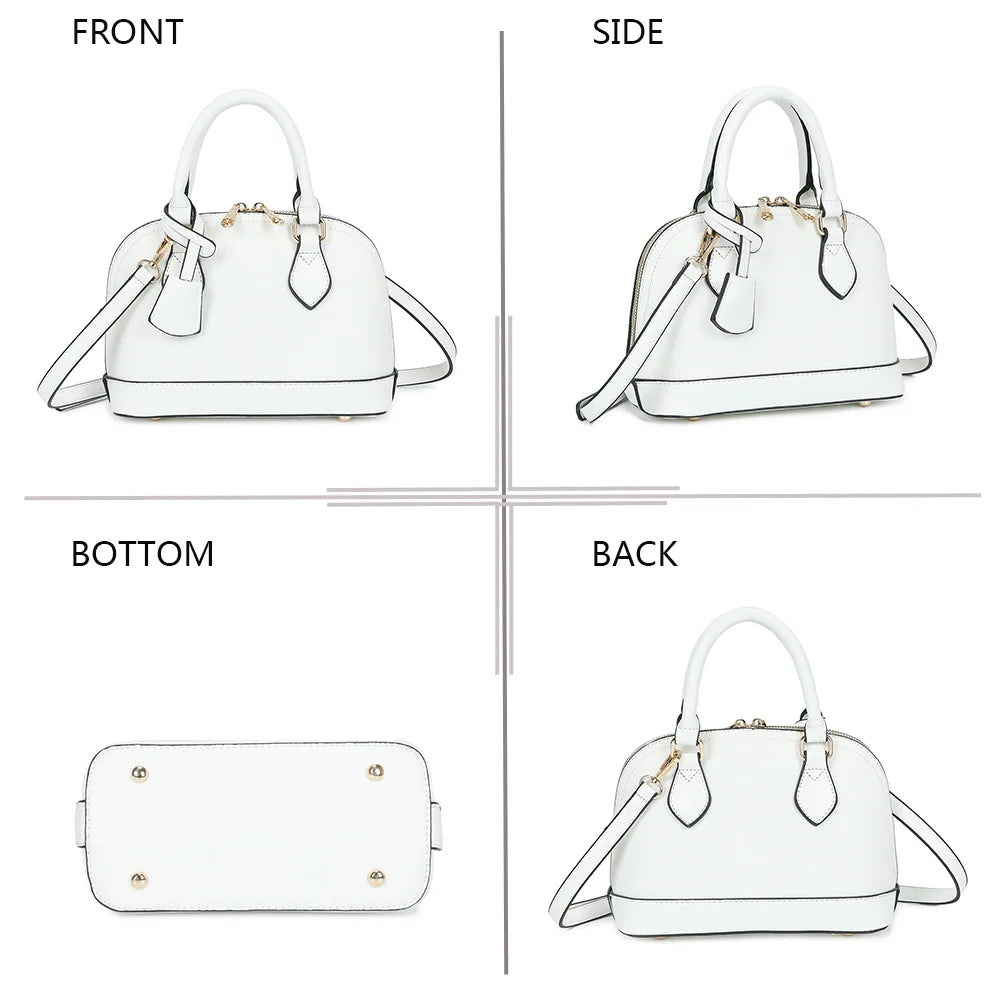 L'Éclat Mini blanc sous quatre angles : face, côté, dessous et dos de ce petit sac bombé – réf. DQ-8596-5