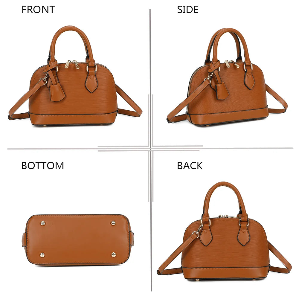L'Éclat Mini camel sous quatre angles : face, côté, dessous et dos de ce petit sac bombé – réf. DQ-8596-5