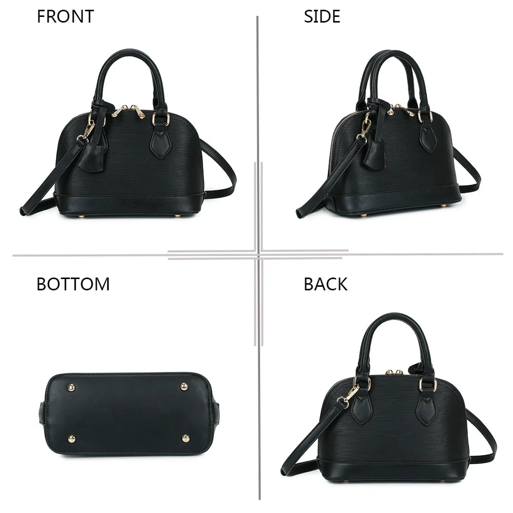 L'Éclat Mini noir sous quatre angles : face, côté, dessous et dos de ce petit sac bombé – réf. DQ-8596-5
