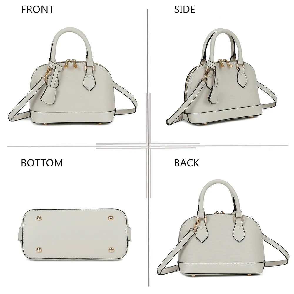 L'Éclat Mini or sous quatre angles : face, côté, dessous et dos de ce petit sac bombé – réf. DQ-8596-5