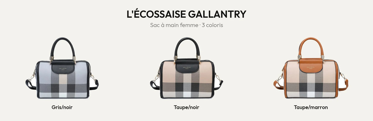 Sac à main bowling femme L'écossaise à carreaux en 3 coloris : Gris/noir, Taupe/Noir, Taupe/Marron – Gallantry Paris – réf. M-9364-5