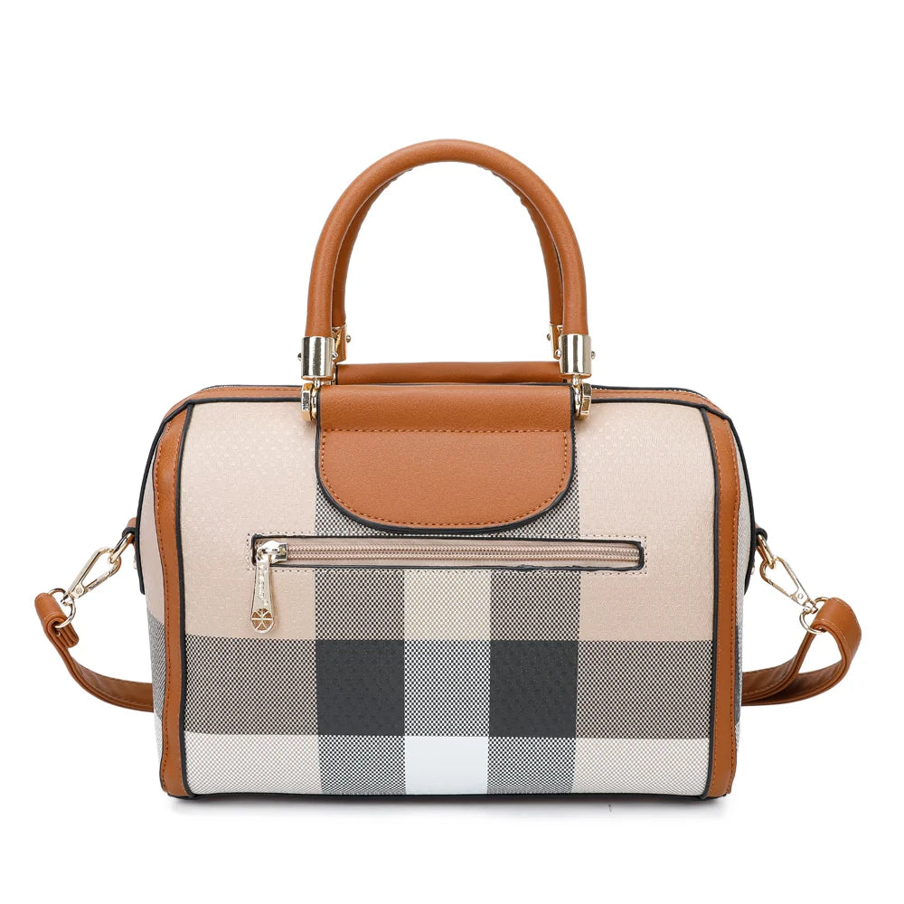 Dos du sac L'écossaise taupe/marron : motif carreaux texturé et liserés contrastés tout autour – réf. M-9364-5