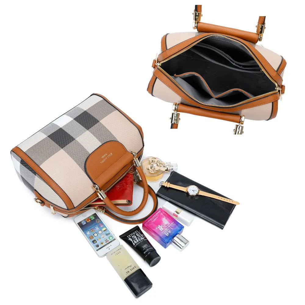 Intérieur zippé du sac L'écossaise taupe/marron : compartiment spacieux avec poches plaquées – réf. M-9364-5