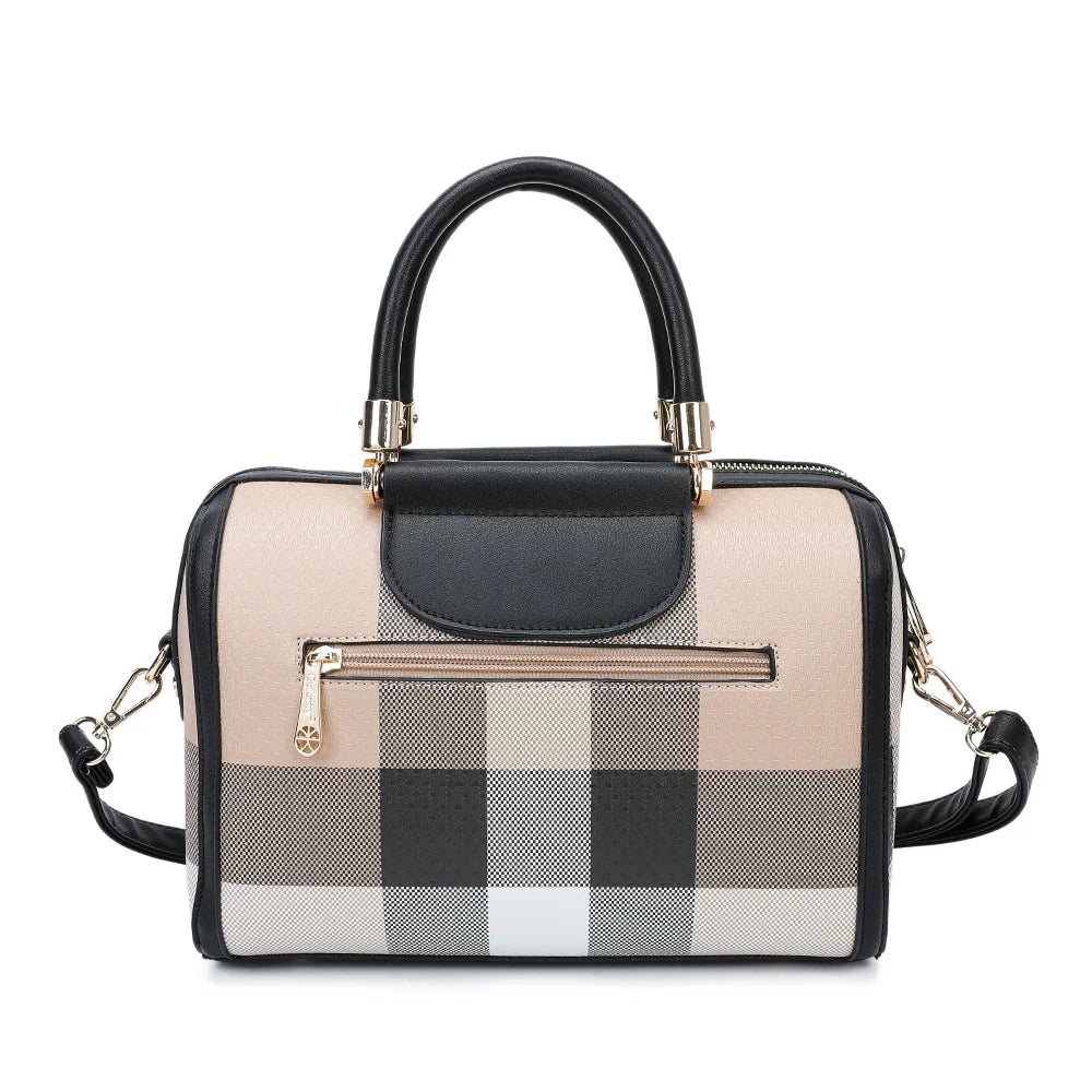 Dos du sac L'écossaise taupe/noir : motif carreaux texturé et liserés contrastés tout autour – réf. M-9364-5