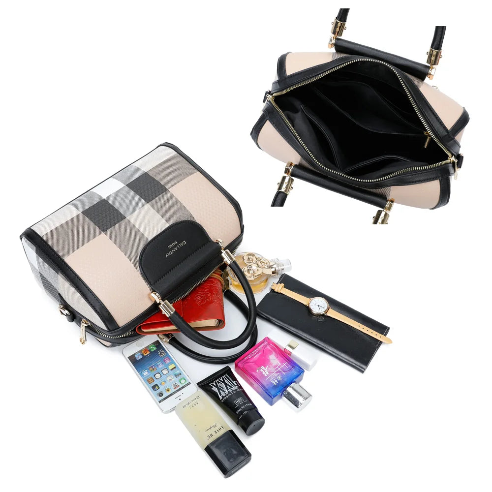 Intérieur zippé du sac L'écossaise taupe/noir : compartiment spacieux avec poches plaquées – réf. M-9364-5