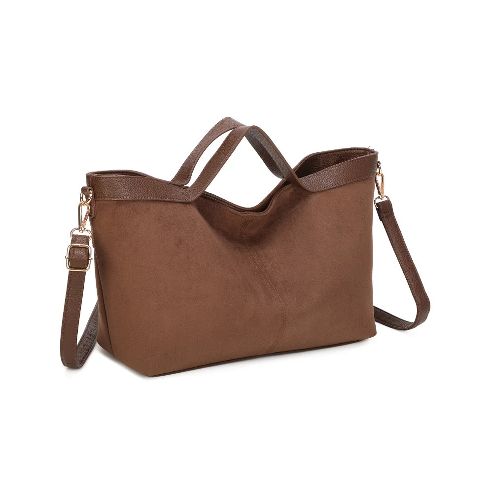 L'Élancée café vue de trois-quarts : silhouette élancée et bordure en simili cuir grainé contrastée – réf. KJ-62084