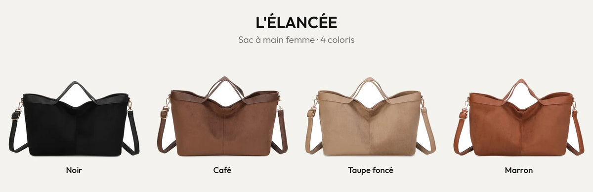 Sac à main femme L'Élancée en suédine, 4 coloris : Noir, Coffee, Taupe foncé, Marron – Gallantry Paris – réf. KJ-62084