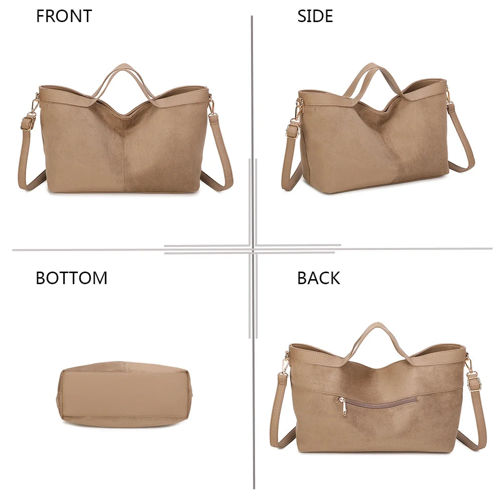 L'Élancée taupe foncé sous quatre angles : face, profil, dessous et dos du sac en suédine – réf. KJ-62084