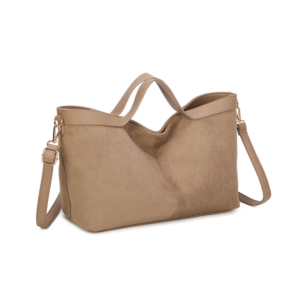 L'Élancée taupe foncé vue de trois-quarts : silhouette élancée et bordure en simili cuir grainé contrastée – réf. KJ-62084