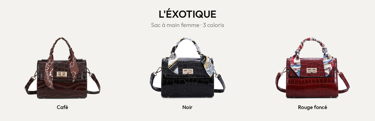 Sac à main femme L'Éxotique effet croco verni en coloris café, noir et rouge foncé – Gallantry Paris – réf. HY-5413-3