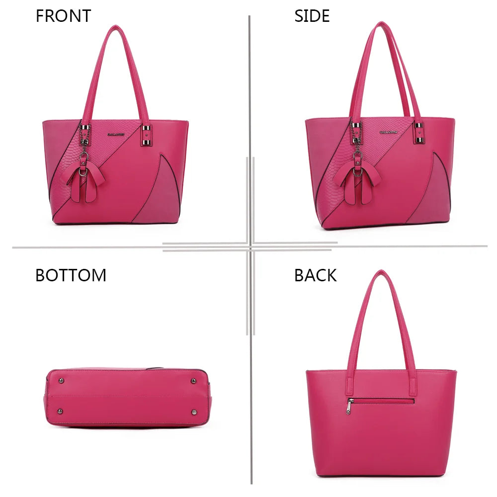 L'ingénieuse fuschia sous quatre angles : face, profil, dessous et dos du cabas – réf. M-9329-36