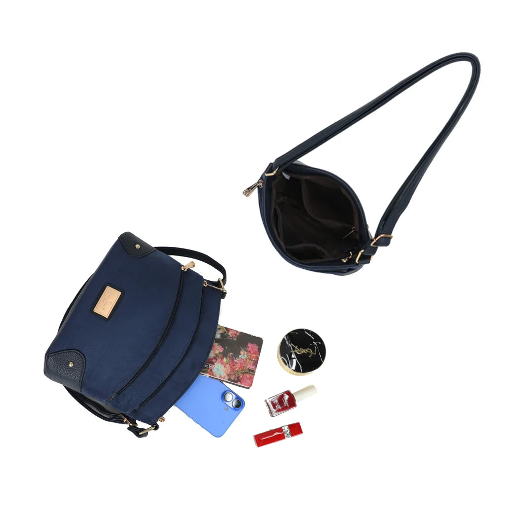 Intérieur du L'Organisé Chic bleu foncé : compartiment zippé et rangements pour téléphone et maquillage – réf. M-9263-12