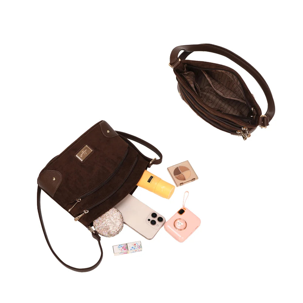 Intérieur du L'Organisé Chic café : compartiment zippé et rangements pour téléphone et maquillage – réf. M-9263-12