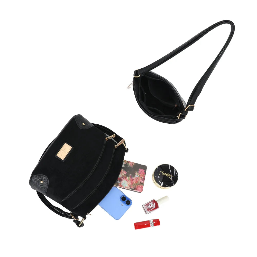 Intérieur du L'Organisé Chic noir : compartiment zippé et rangements pour téléphone et maquillage – réf. M-9263-12